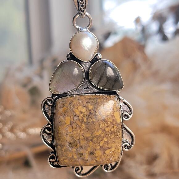 Timeless Fossil Coral Pendant, Sterling Silver Necklace With Labradorite & Pearl - Picture 1 of 12